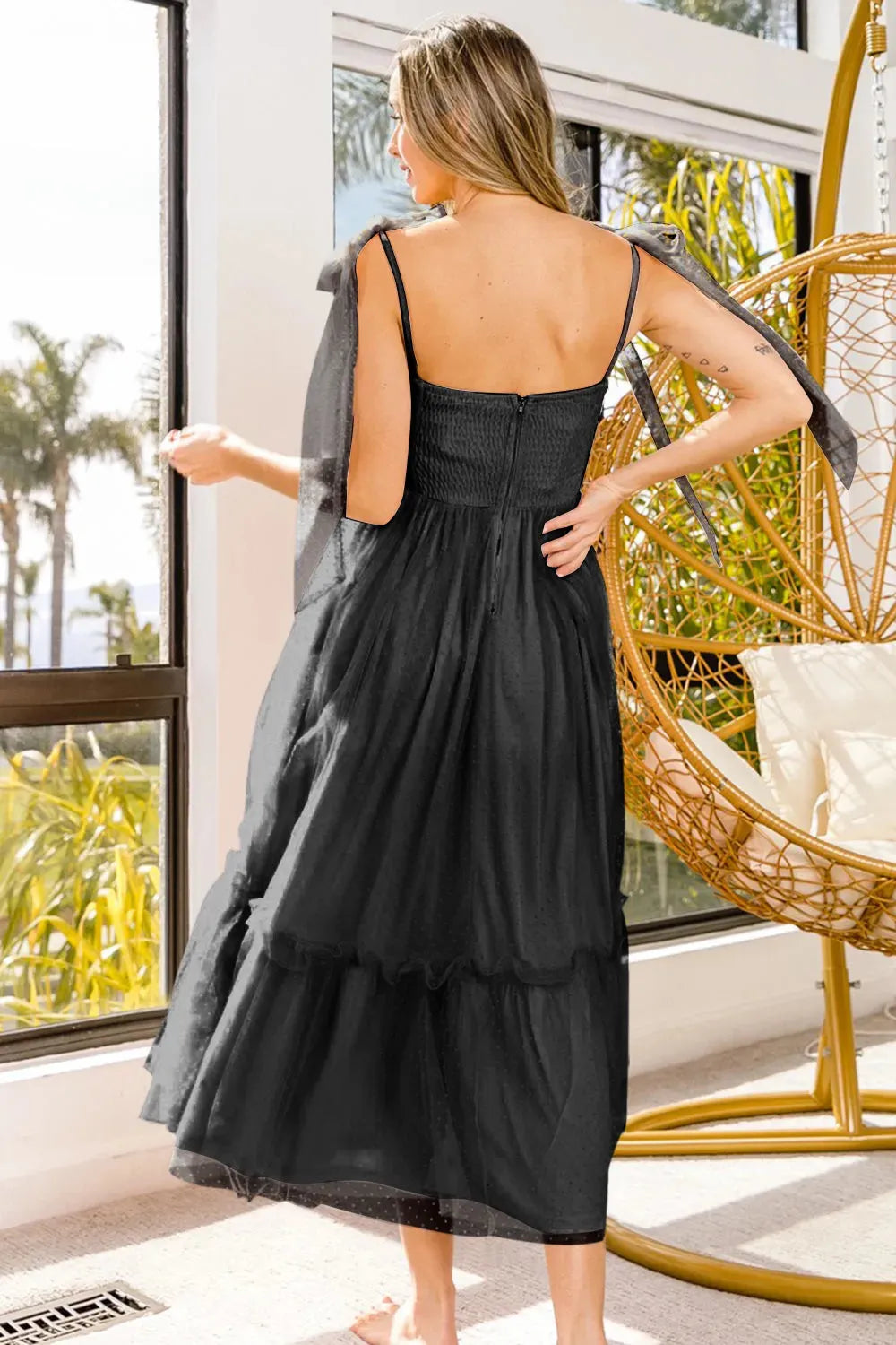 BiBi Swiss Dot Tie Shoulder Midi Dress Casual Dresses - Tophatter Daily Deals